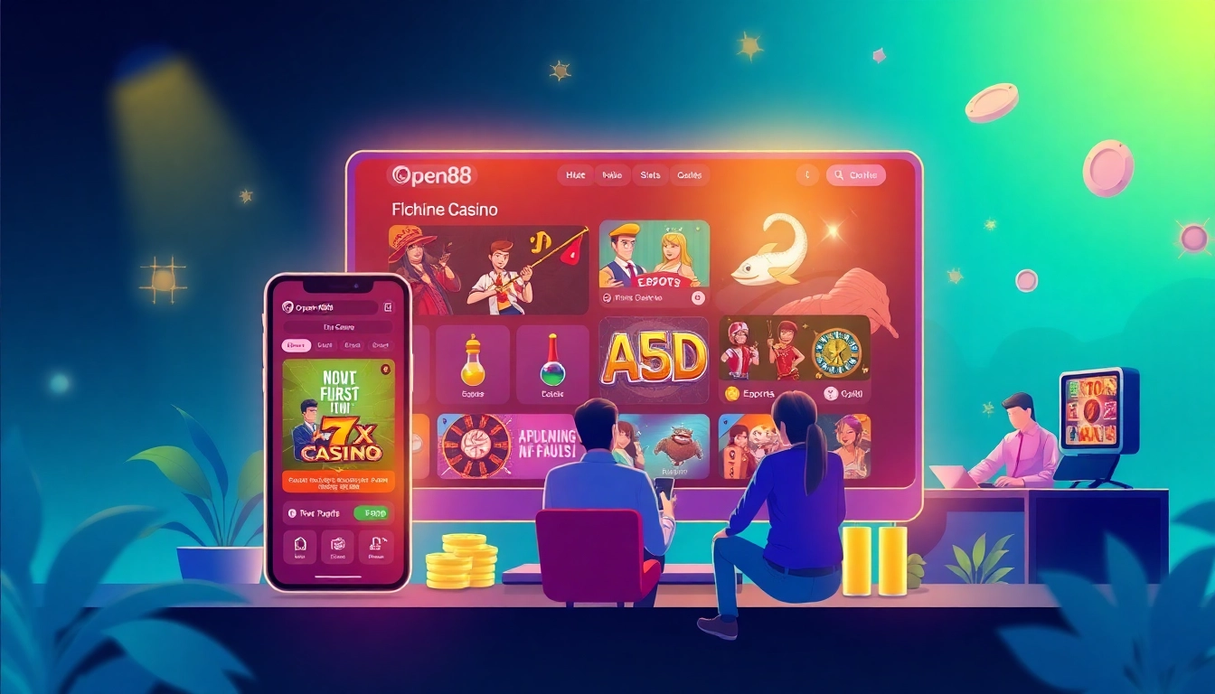 Experience the excitement of Đăng Ký OPEN88 with vibrant visuals showcasing online gaming options for a thrilling casino atmosphere.