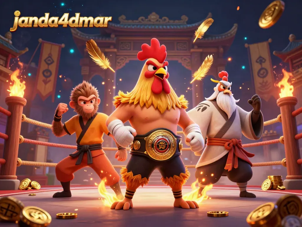 Tunjukkan aksi epik dari janda4dmar dengan ayam Muay Thai dan pahlawan seni bela diri, dikelilingi koin emas.
