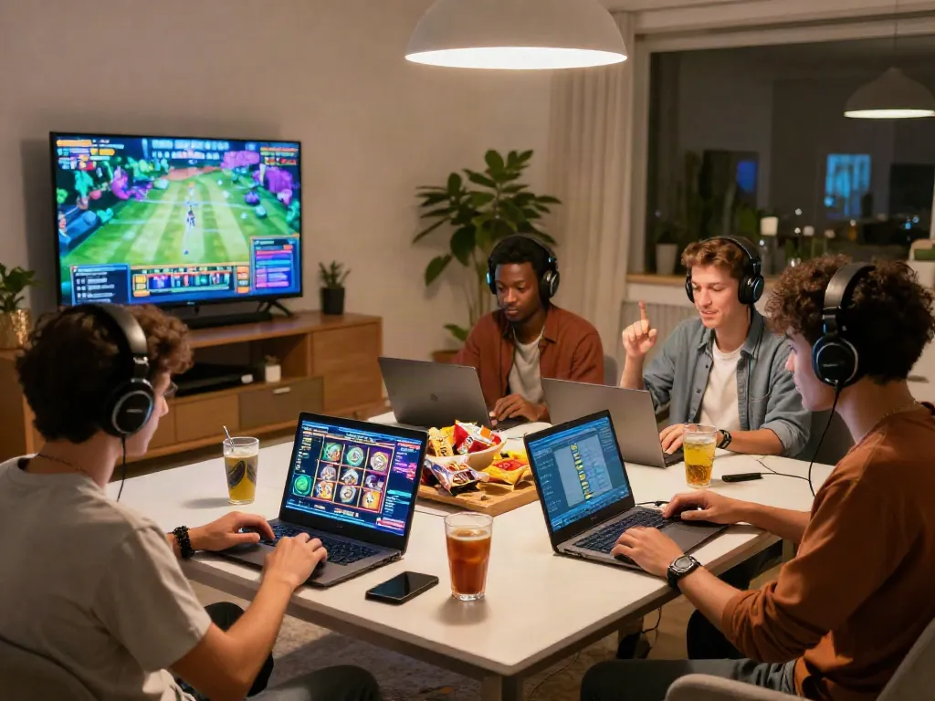A lively online gaming session featuring friends playing akunjp slot games in a modern living room.