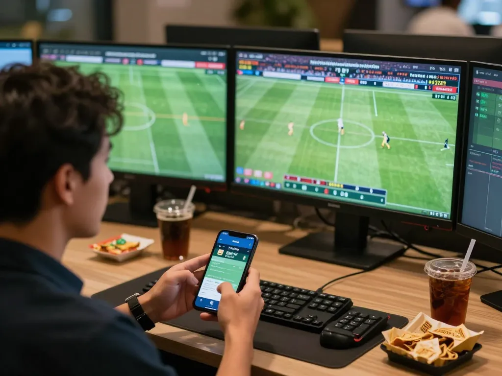 Engaged sports bettor analyzing kèo nhà cái on smartphone while following live matches on multiple screens.