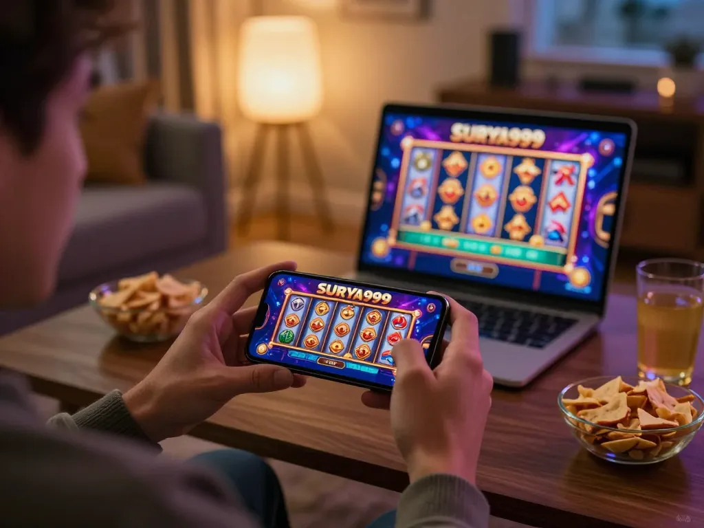 Bergabung dengan aplikasi kasino mobile SURYA999 saat malam permainan santai di rumah.