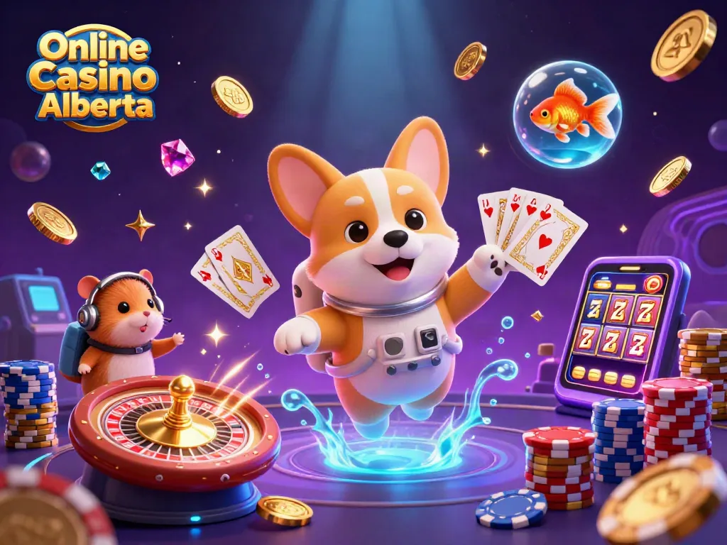 Engage with Online Casino Alberta through vibrant 3D illustration of games, excitement, and space-themed fun.