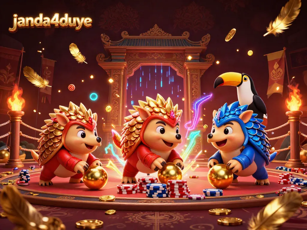 JANDA4DUYE menghadirkan persaingan seru di arena permainan kasino dengan pangolin dan chip poker.