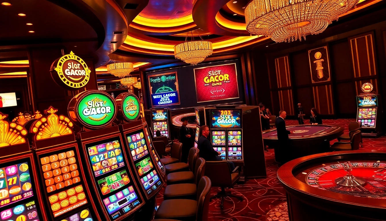 Pemain menikmati mesin slot gacor di pengaturan kasino mewah, menyoroti kegembiraan dan permainan online.