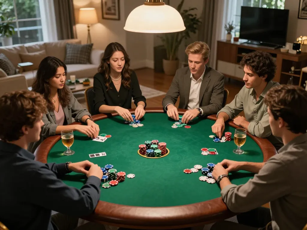 Players enjoy a strategic poker night with friends at home, engaging with GO88.