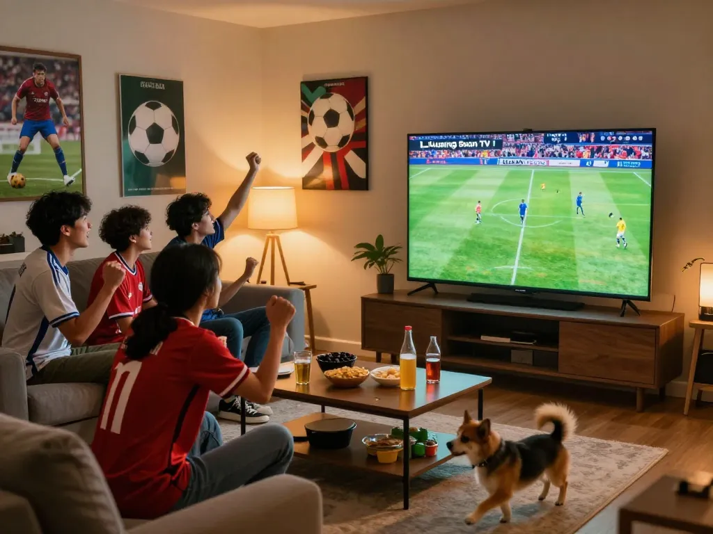 Friends watching football on Lương Sơn TV in a lively living room with snacks