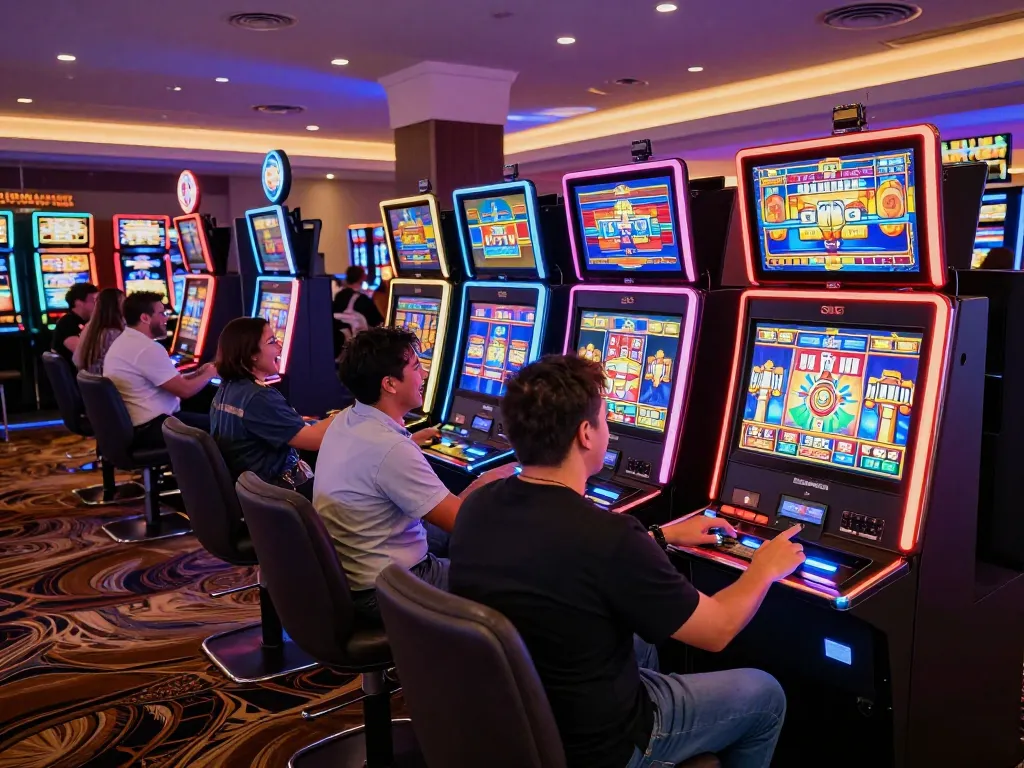 Pemain menikmati kegembiraan mesin slot KING55 di atmosfer kasino yang bergairah