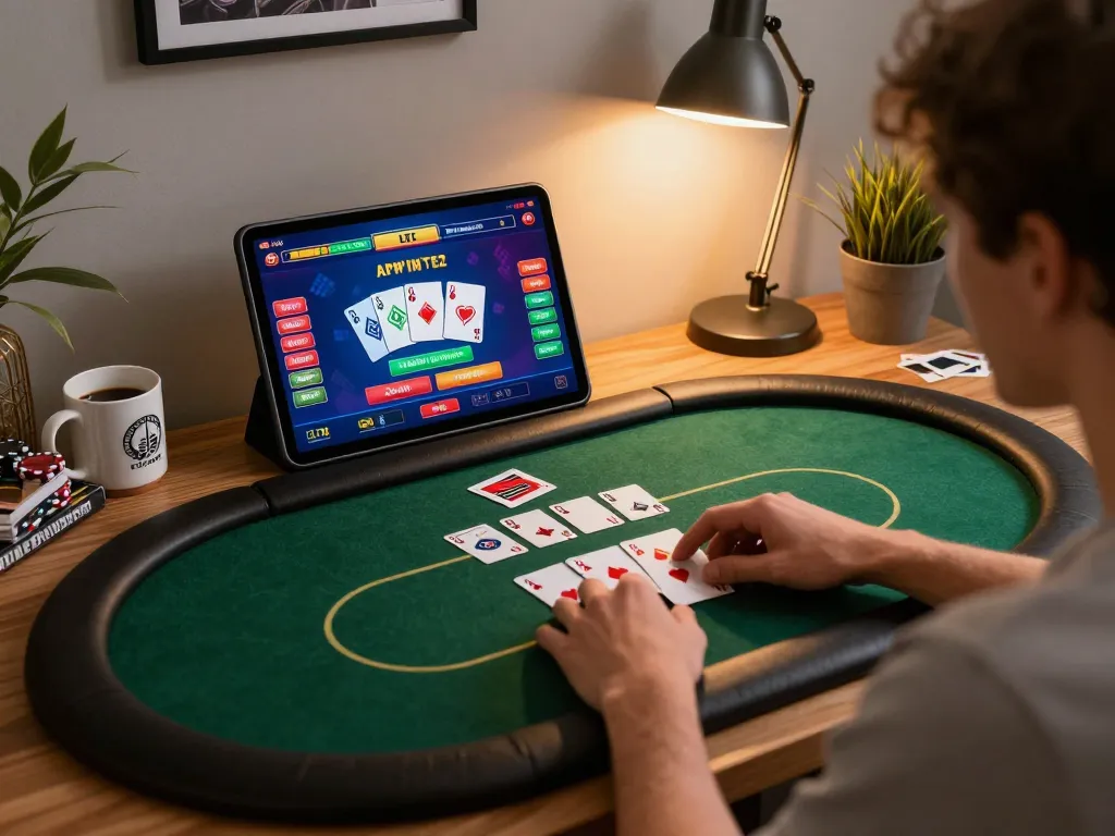 LTC casino gaming session on tablet showcasing poker gameplay strategy in a cozy home setting