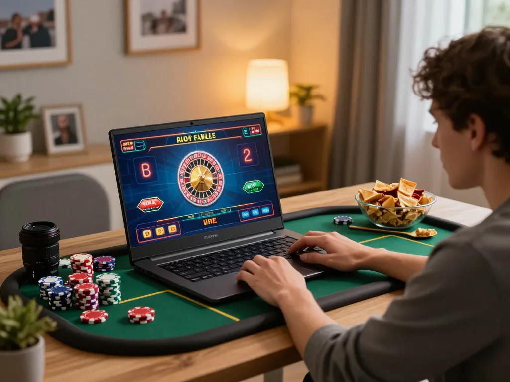 Engaging online casino experience at https://rr888.shopping/ shows a player enjoying roulette in their comfy home setup.