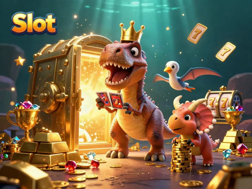 Permainan Slot yang menggiurkan dengan T-Rex dan Triceratops memainkan kartu di tengah tumpukan emas.