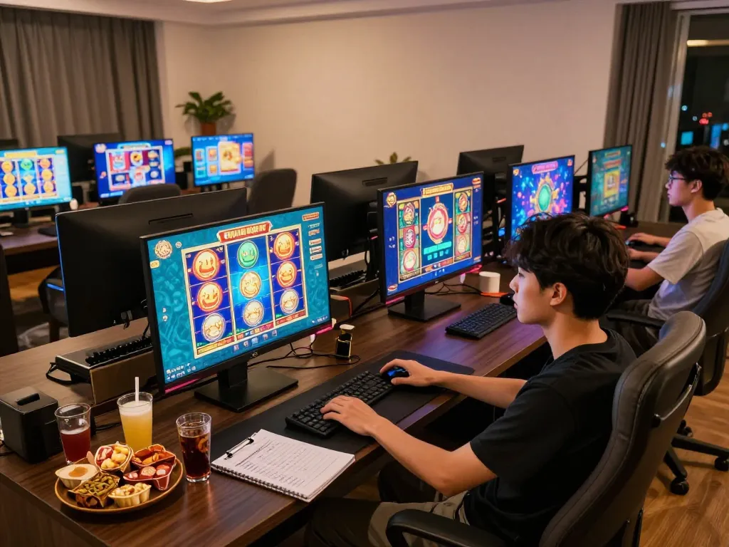 Player experiencing thrilling slot gacor games on multiple screens in a cozy home office setup