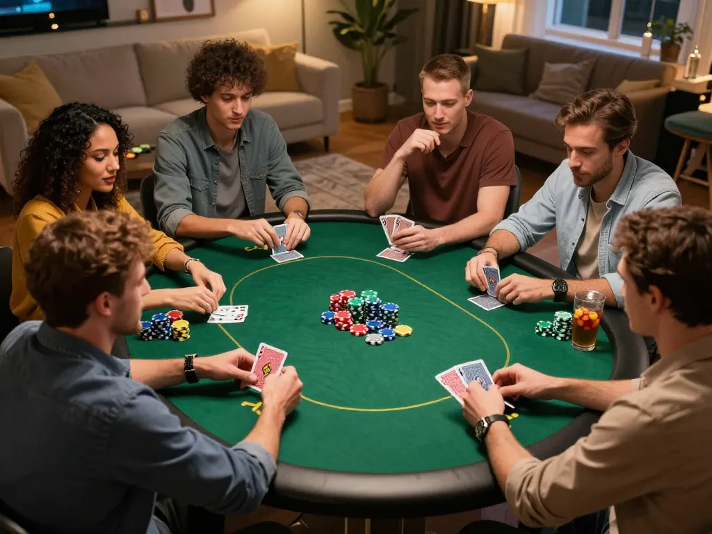 Friends enjoying a poker night with five88 chips and cards visible on the table.
