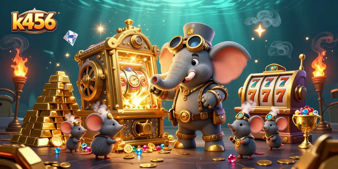 Visualize a experiência de jogos em k456, com um elefante steampunk operando um slot no cassino.