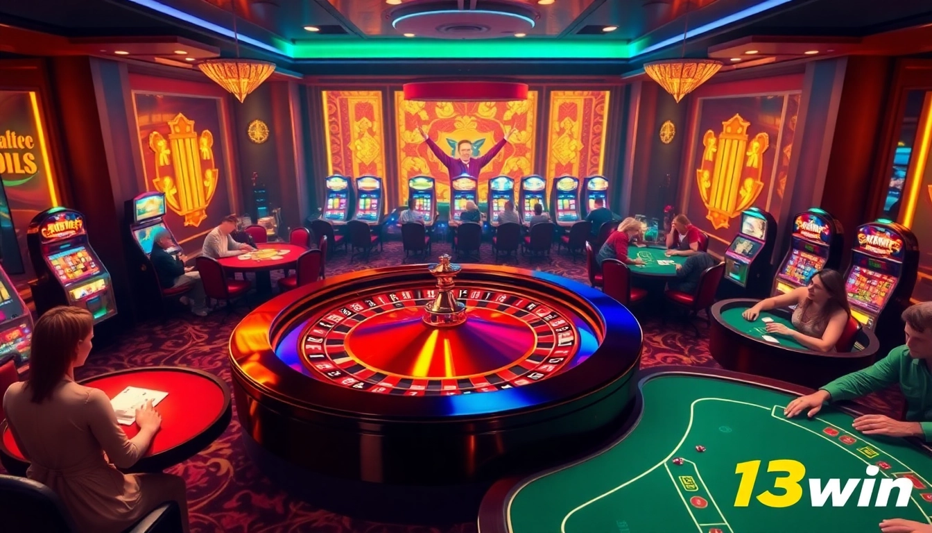 Experience the excitement of gambling at 13win with a vibrant casino scene featuring roulette and poker tables.