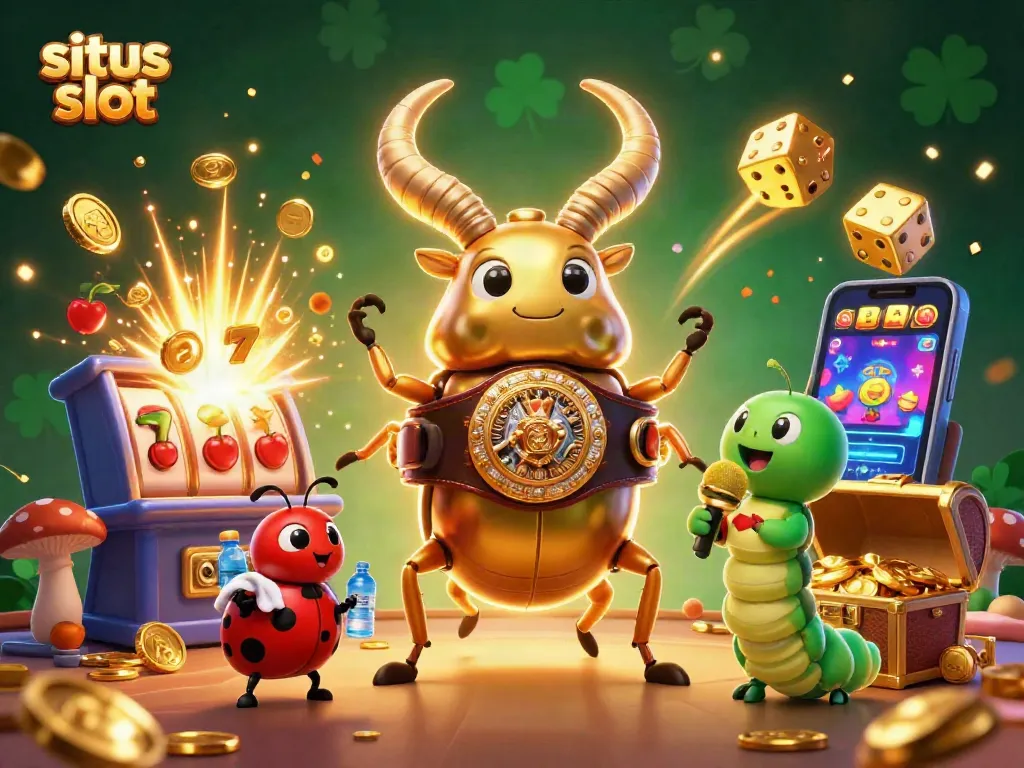 Interaksi seru di situs slot dengan karakter lucu di latar belakang mesin slot penuh koin.