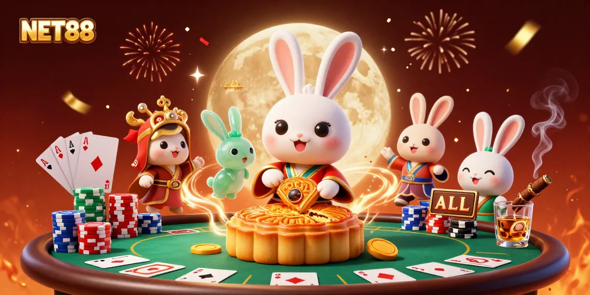 Experience NET88 with a colorful lunar poker scene featuring a moon rabbit and vibrant gameplay elements.