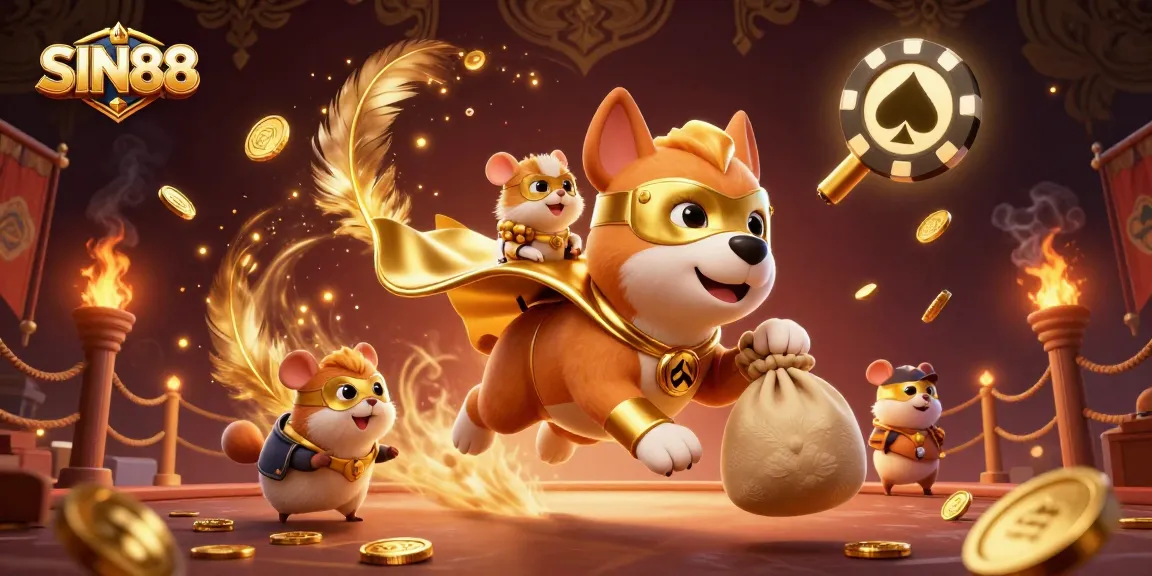 SIN88 casino-themed 3D illustration showcasing a superhero dog and hamster in an engaging environment filled with gold coins.