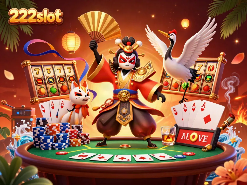 Bermain di 222slot dengan karakter 3D yang seru, mengelilingi simbol jackpot dan kemenangan.