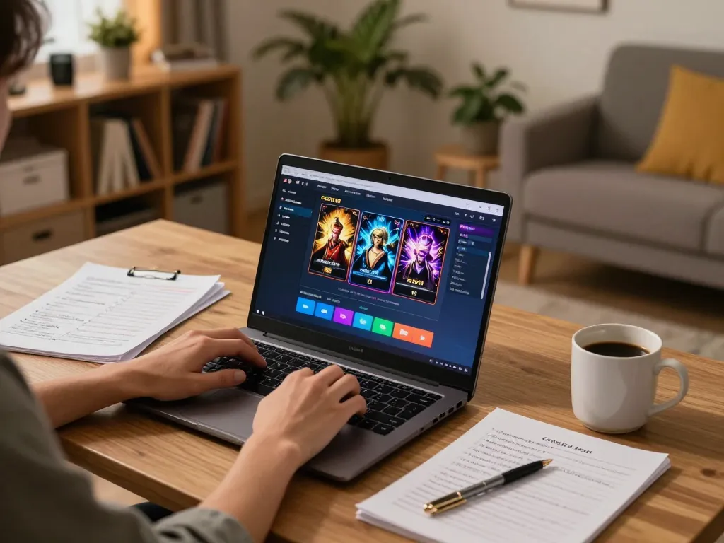 Orang yang merencanakan strategi sambil bermain slot online Gsc108 di laptop di rumah.