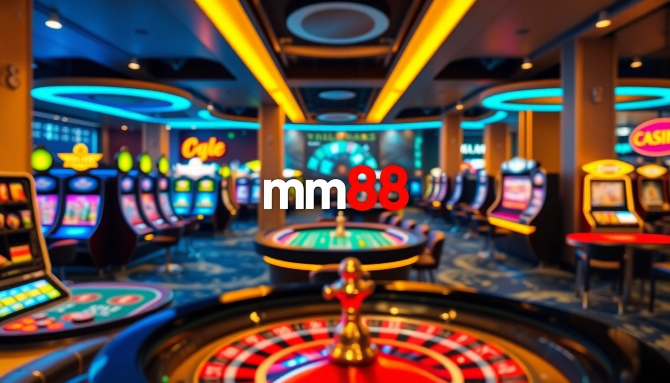 Experience online gaming with mm88 in a luxurious, vibrant casino environment featuring interactive digital games.