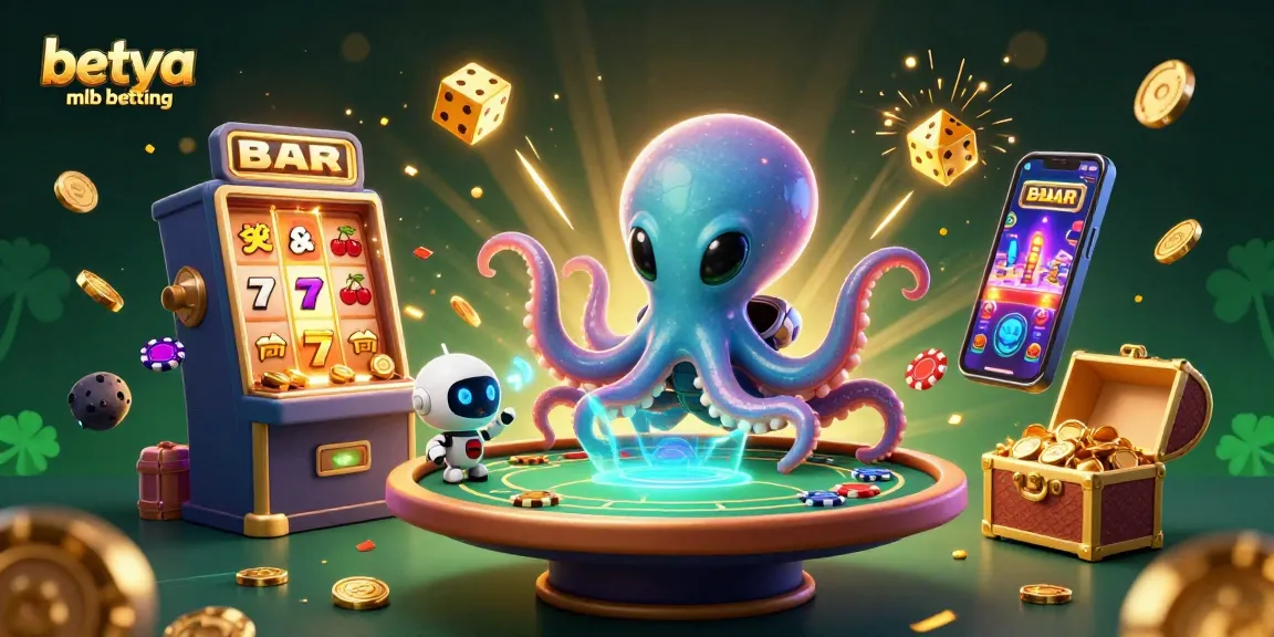 Engage in betya mlb betting as an alien octopus and robot play cards amidst vibrant casino elements.