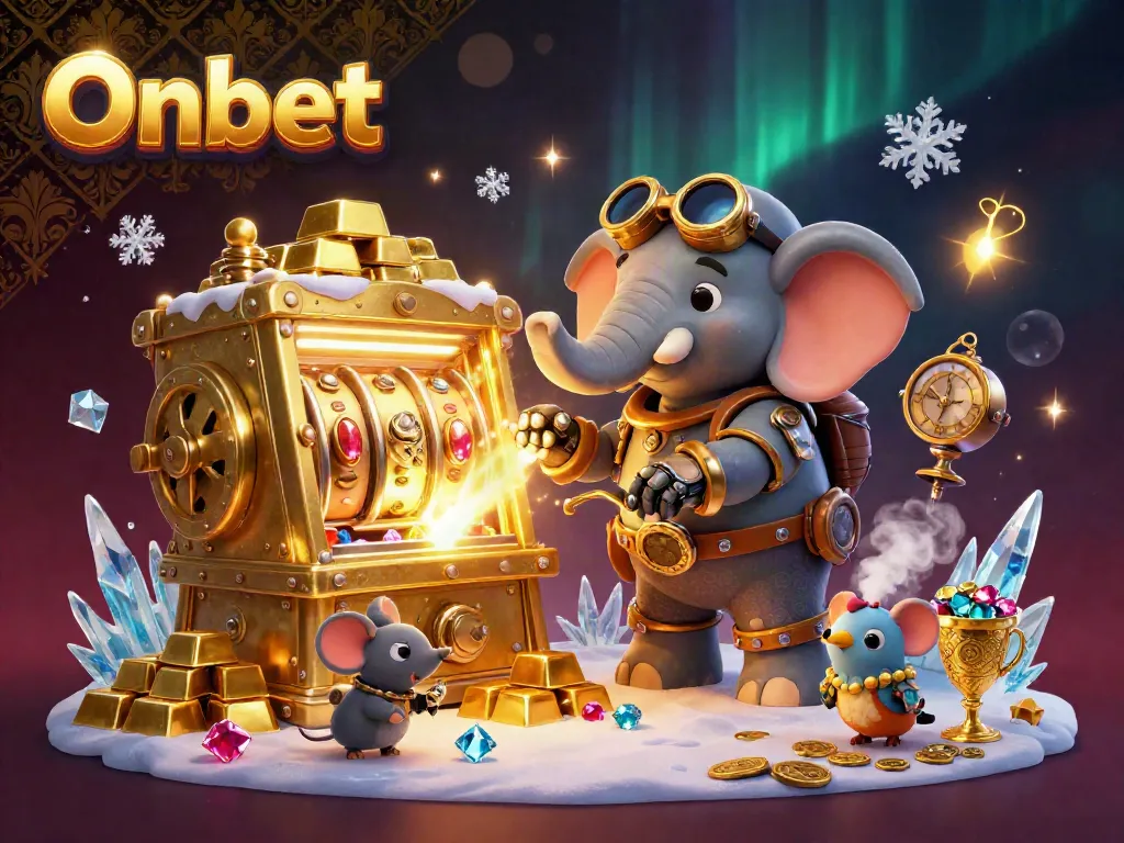 Experience the thrill of Onbet with a steampunk elephant engineer at an engaging golden slot machine, surrounded by treasures.
