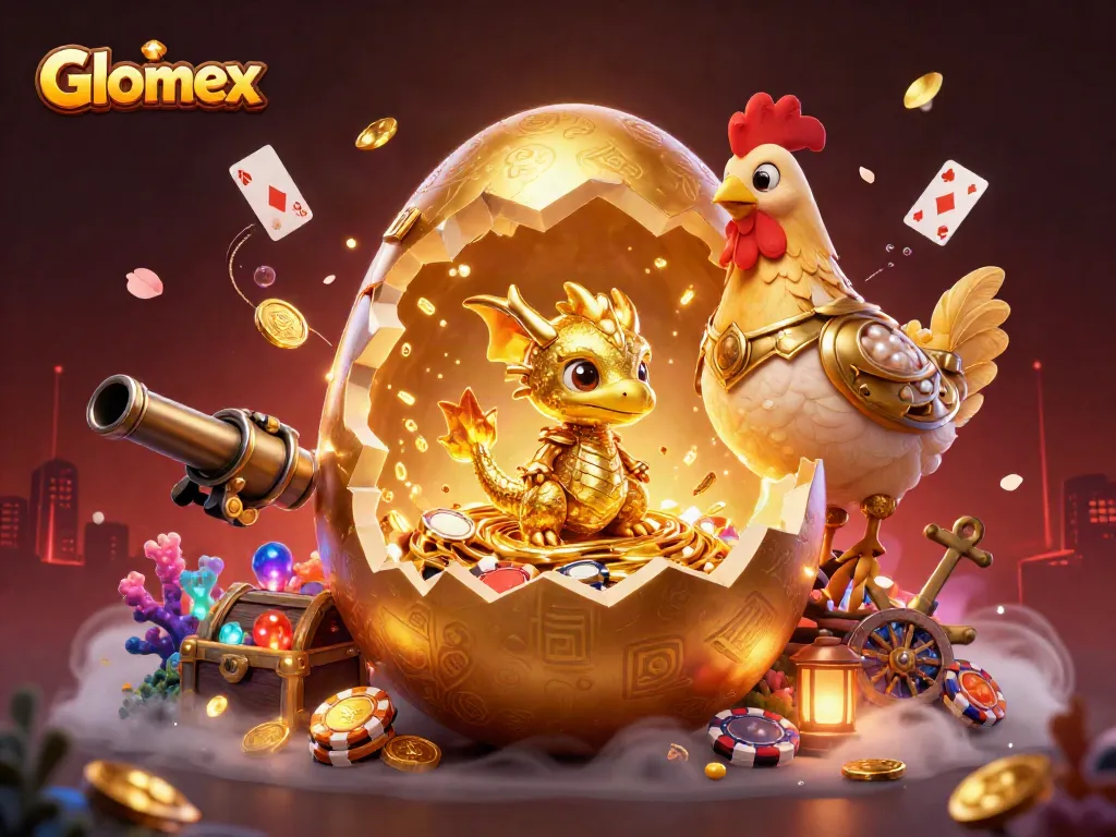 Engage with Glomex's golden gaming world featuring a baby dragon on poker chips amidst dynamic elements.