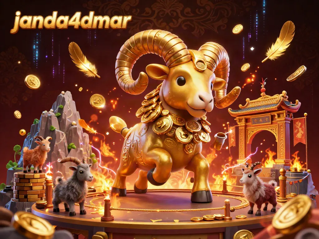 Ram emas berlari di arena judi JANDA4D dengan simbol keberuntungan dan semangat kemenangan.