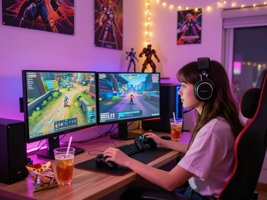 Enjoying a thrilling porn game on a vibrant gaming setup.
