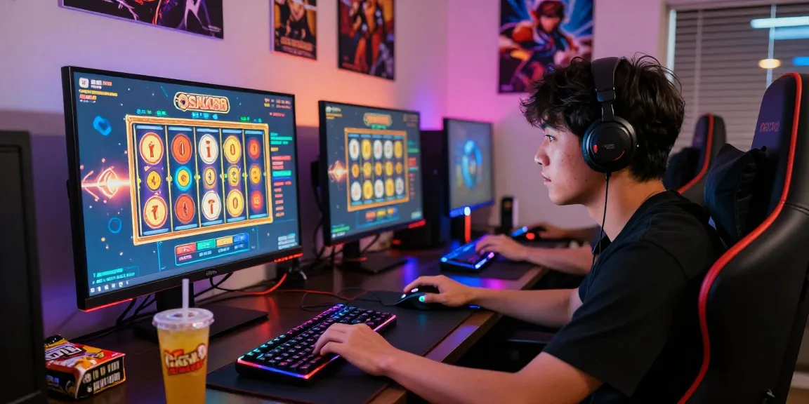 Player engaging with OSAKA88 online slot game, dynamic gaming setup with vibrant atmosphere