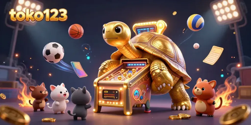 Engaging scene of the golden tortoise pinball machine at toko123 inviting players to win exciting prizes.