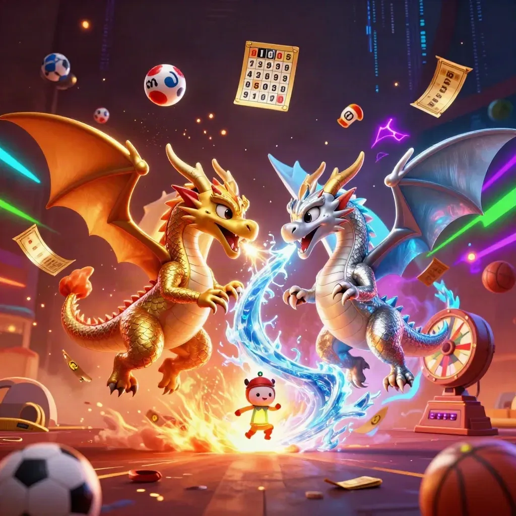 Gold and silver dragons swirl with lottery balls, bingo card, prize wheel, and betting props.