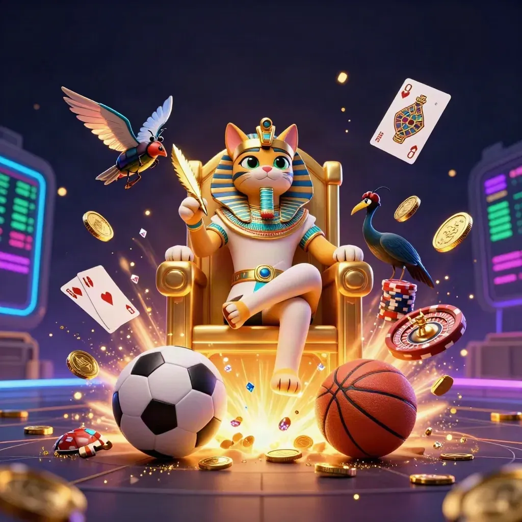 Pharaoh cat on a throne with ibis scribe, scarab beetles, coins, cards, chips, and glowing casino lights.
