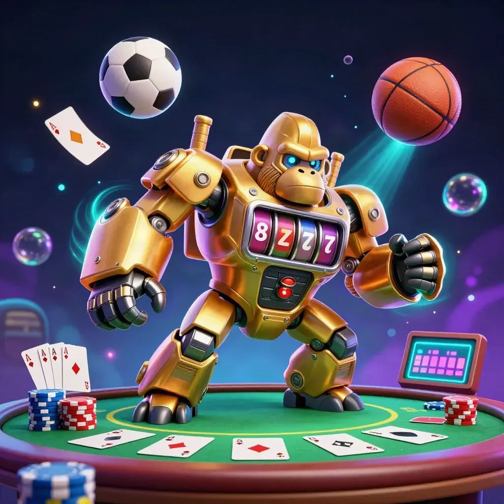 Golden slot-machine gorilla mech with monkey pilot amid poker chips, balls and neon casino lights