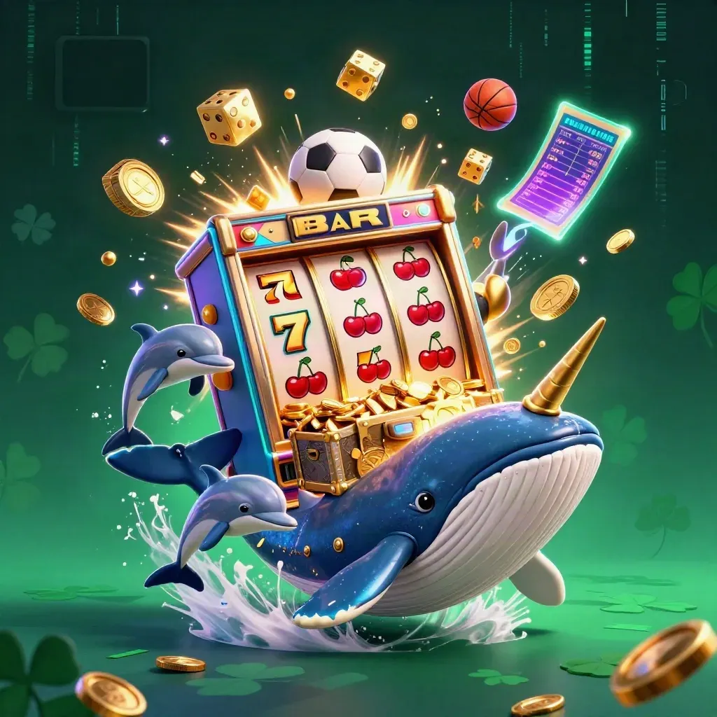Whale captain, narwhal and dolphins burst through coins with a slot machine, treasure and neon casino energy.