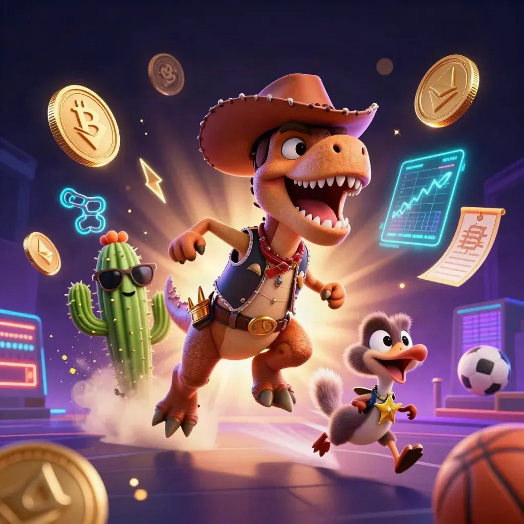 Cartoon cowboy T-Rex trio with neon coins and casino effects in a dark futuristic scene.