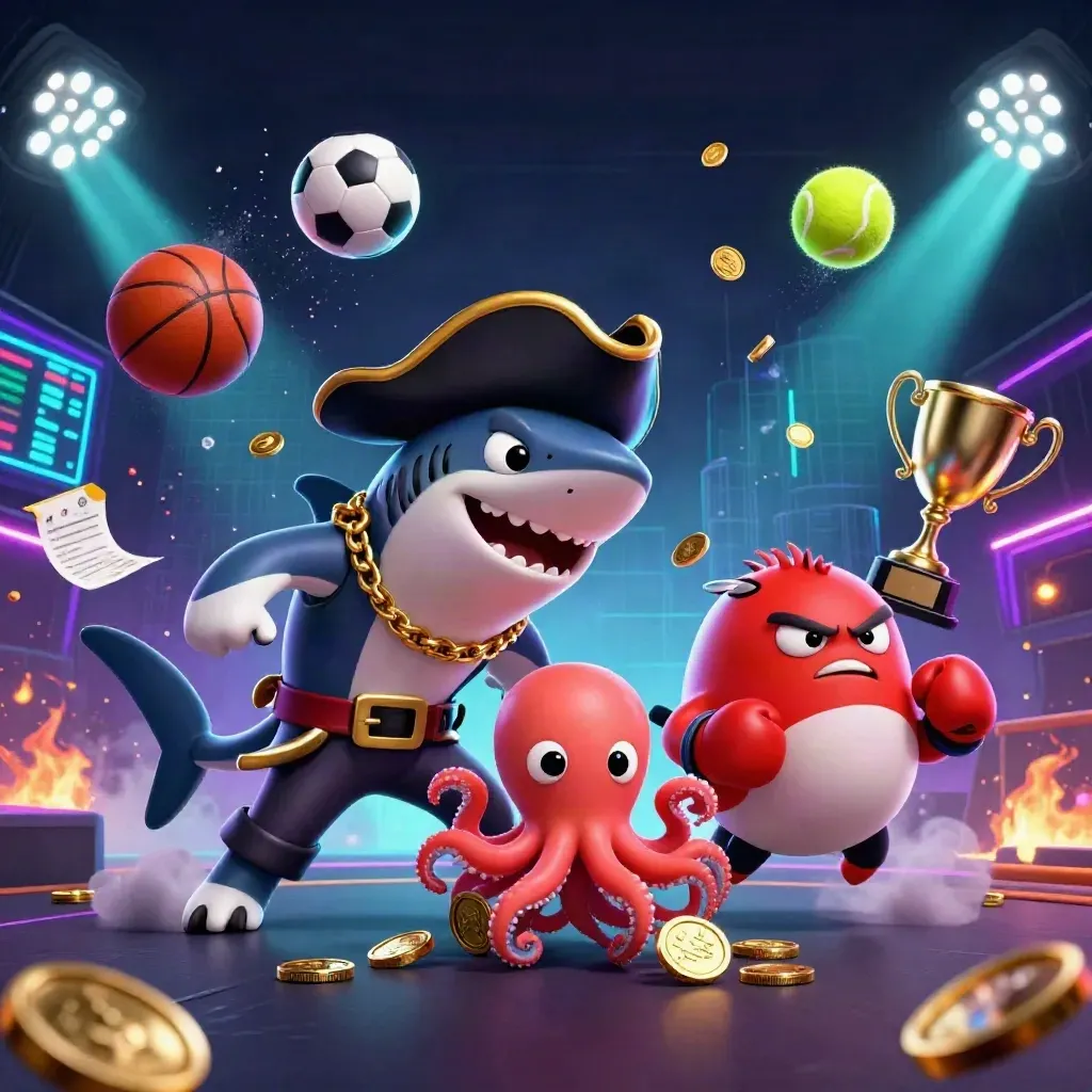 Pirate shark, boxing pufferfish and juggling octopus amid flying sports gear in neon casino light.