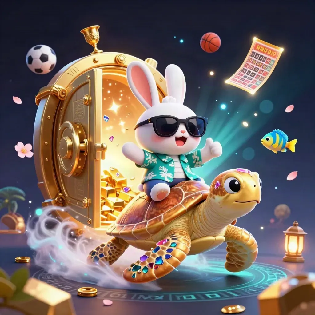 Rabbit on golden sea turtle amid treasure, glowing vault, fish, petals, and neon casino light.