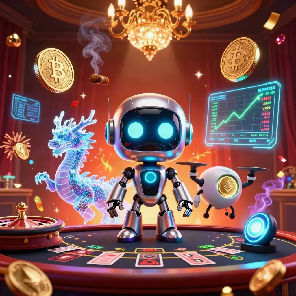 Cyberpunk robot, hologram dragon, drone, casino props, neon coins, lightning, ember-lit luxury room