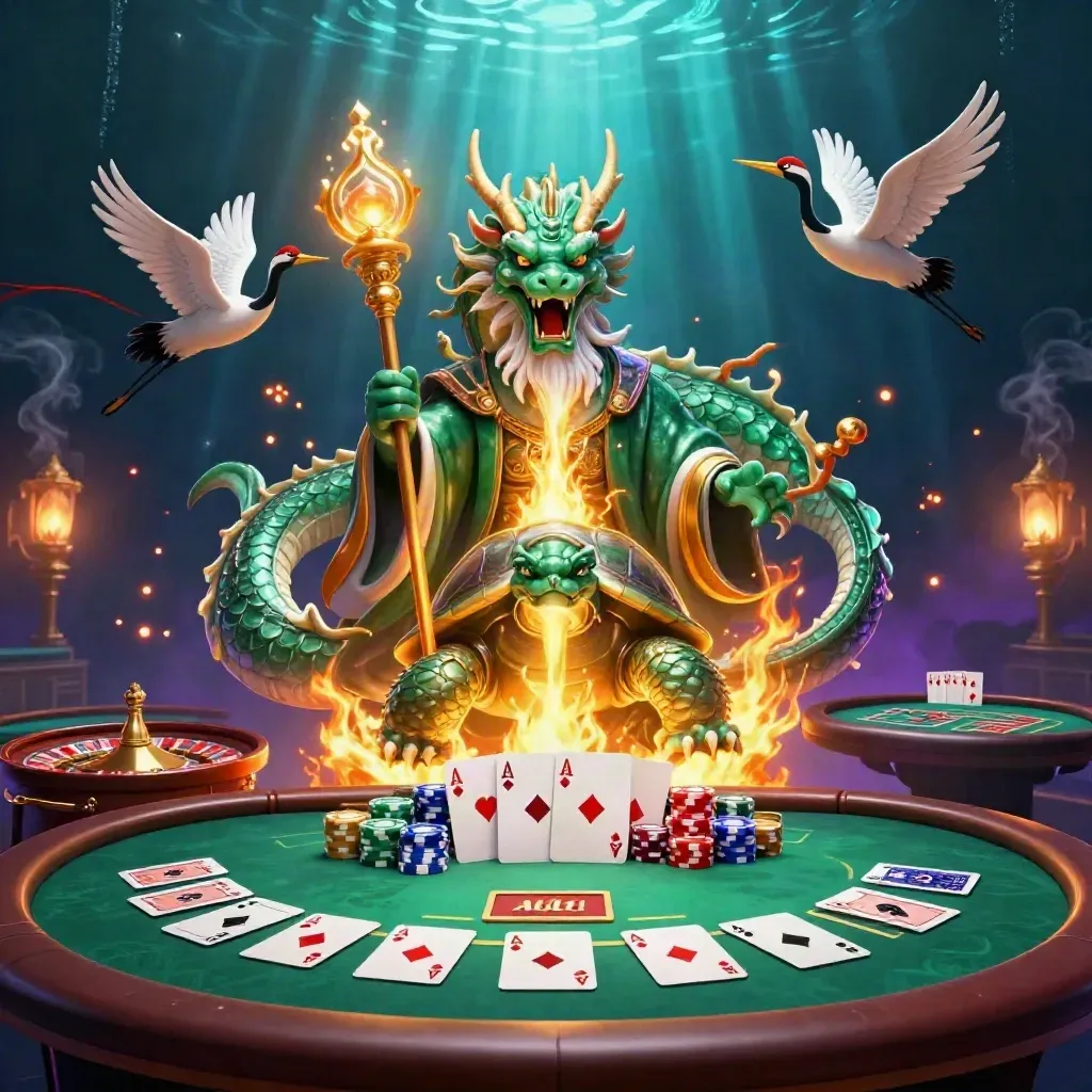 Jade dragon, turtle sage, and cranes amid casino cards, chips, and a spinning roulette wheel