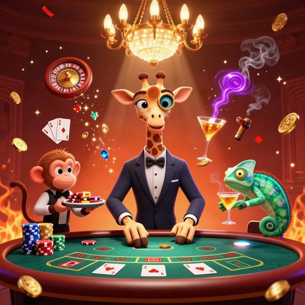 Cartoon giraffe, monkey, and chameleon in a luxe casino with coins, cards, and glowing lights.