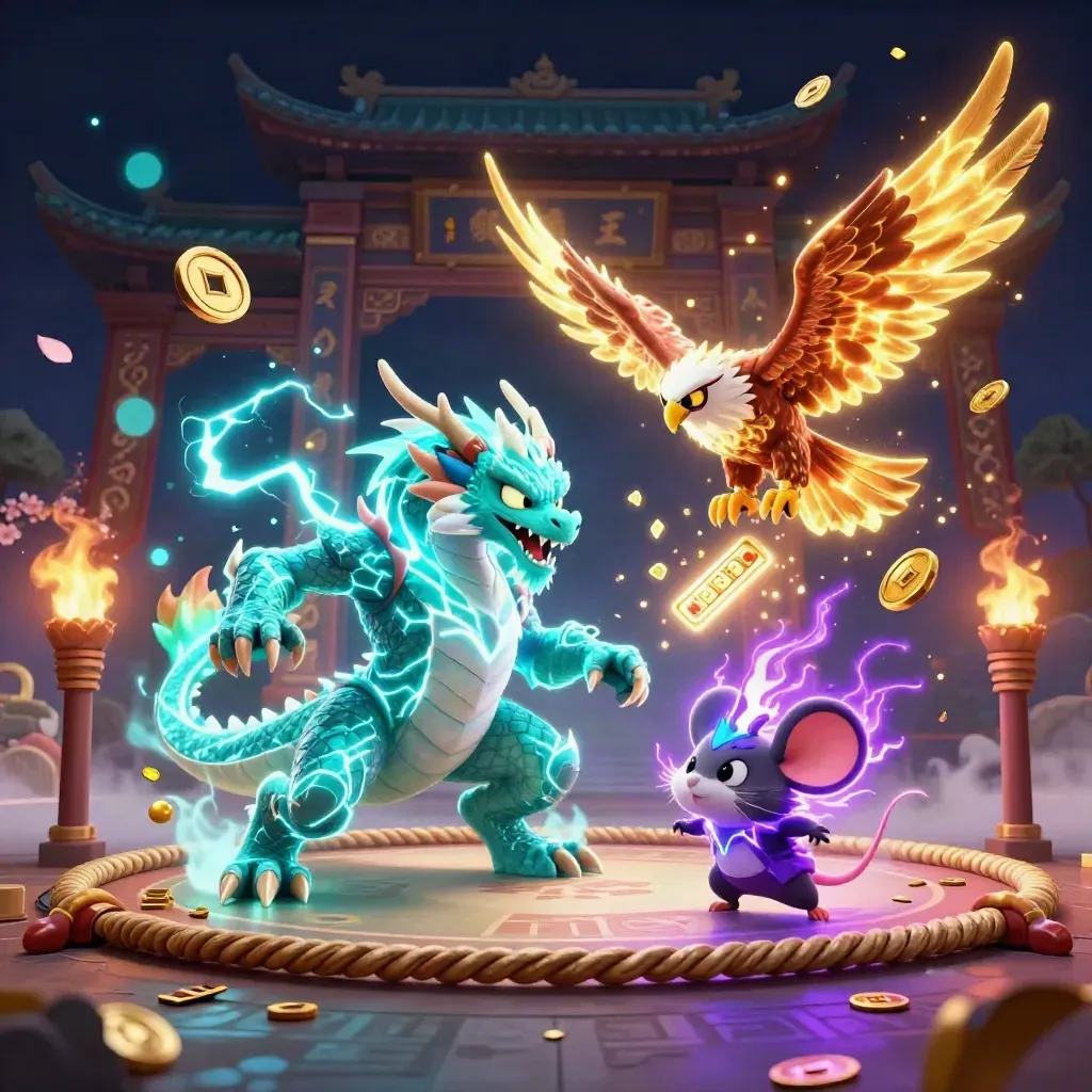 Thunder dragon, glowing hawk and tiny mouse blasting through a neon temple ring with gold and lightning