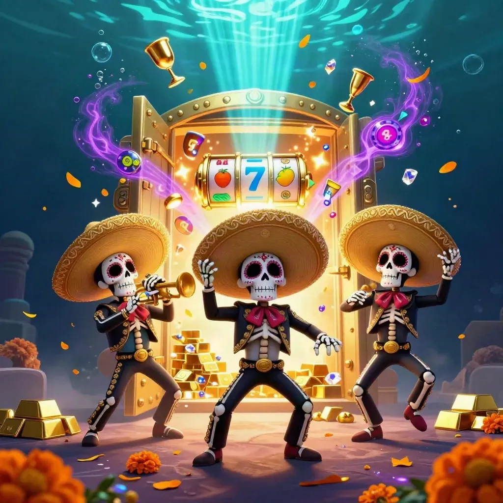 Three skeleton mariachi heroes in a glowing underwater vault exploding with gold and gems