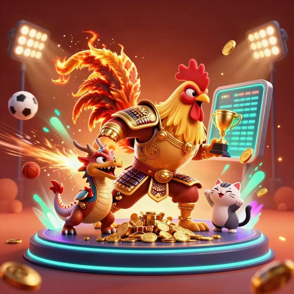 Rooster warrior, dragon hatchling, and fortune-cat burst through coins, balls, and trophy glow.