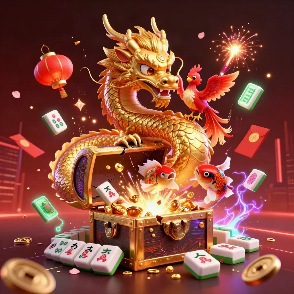 Golden dragon, phoenix and koi erupt from a treasure chest amid neon casino effects.