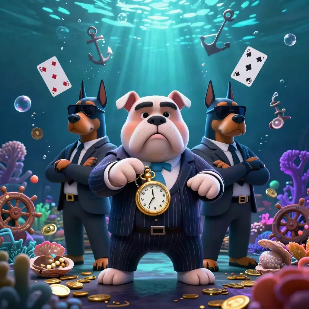 Bulldog mafia boss and two Dobermans amid treasure, coral, coins, and cyan underwater glow.