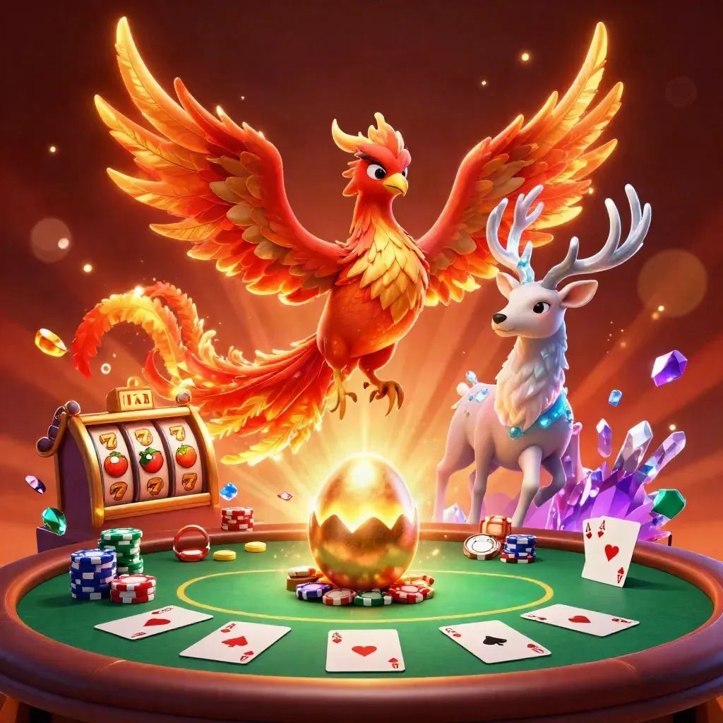 Fire phoenix, baby phoenix, crystal stag, poker chips, reels, and neon cyan glow in a fiery casino scene.