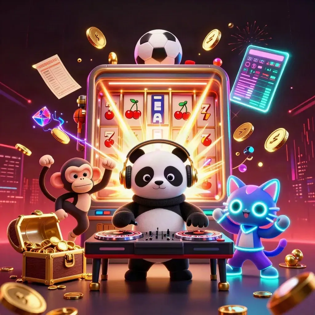 DJ panda, breakdancing monkey and rave kitten amid jackpot coins, slot bursts and neon casino effects.