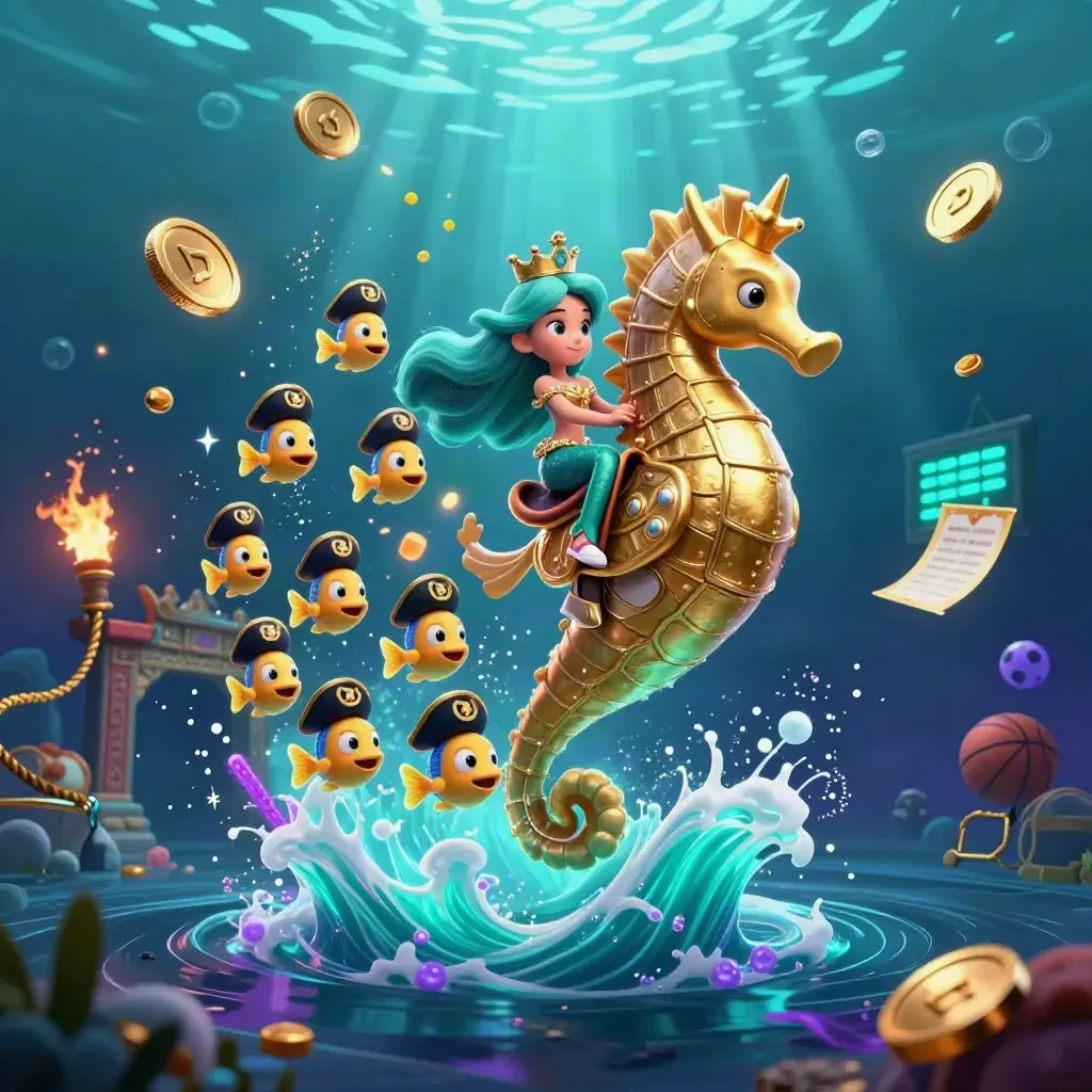 Turquoise-haired mermaid princess rides an armored seahorse amid coins, fireworks, and neon reef energy.