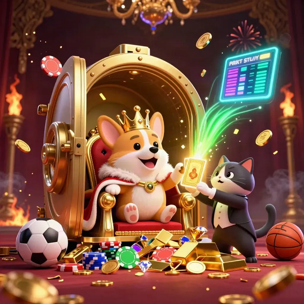 Corgi king and cat butler erupt from a golden vault amid coins, gems, fireworks, and casino symbols